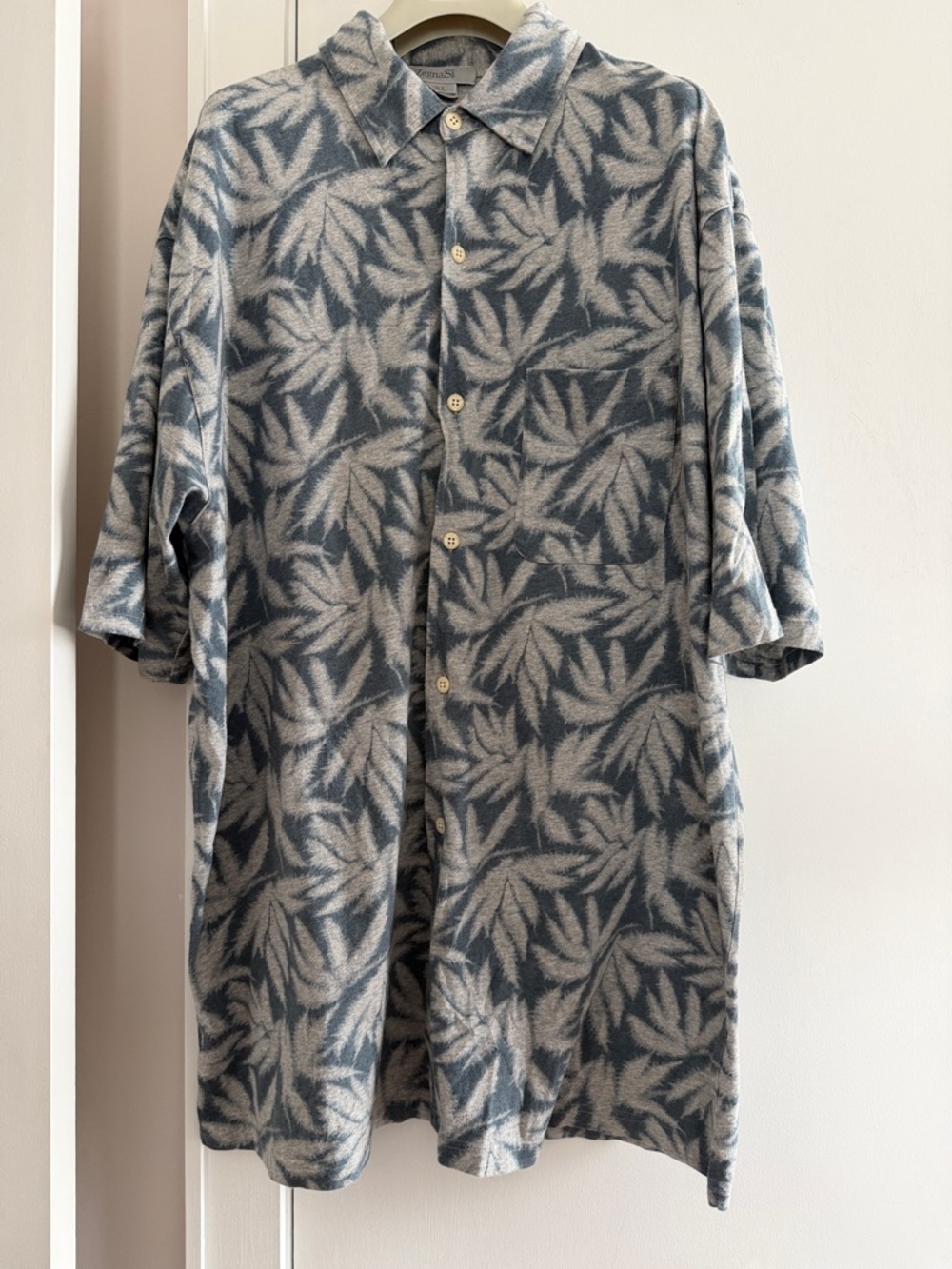 Zegna Sport short sleeve Leaf-Pattern  blue gray button shirt size Xl